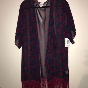 LuLaRoe Cover Up Shawl Monroe Navy w/ Raspberry Pattern & Fringe Sz L BNWT